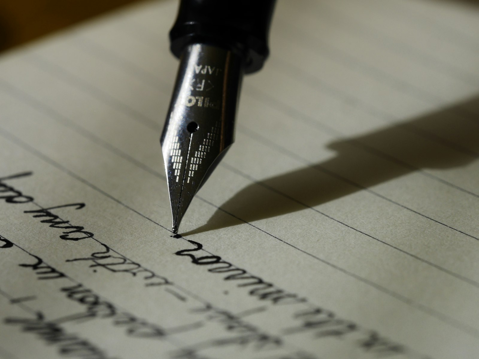 Fountain pen writing on a lined notebook